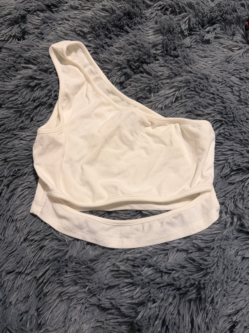 White Fox Boutique Cream One-Shoulder Ribbed Crop Top